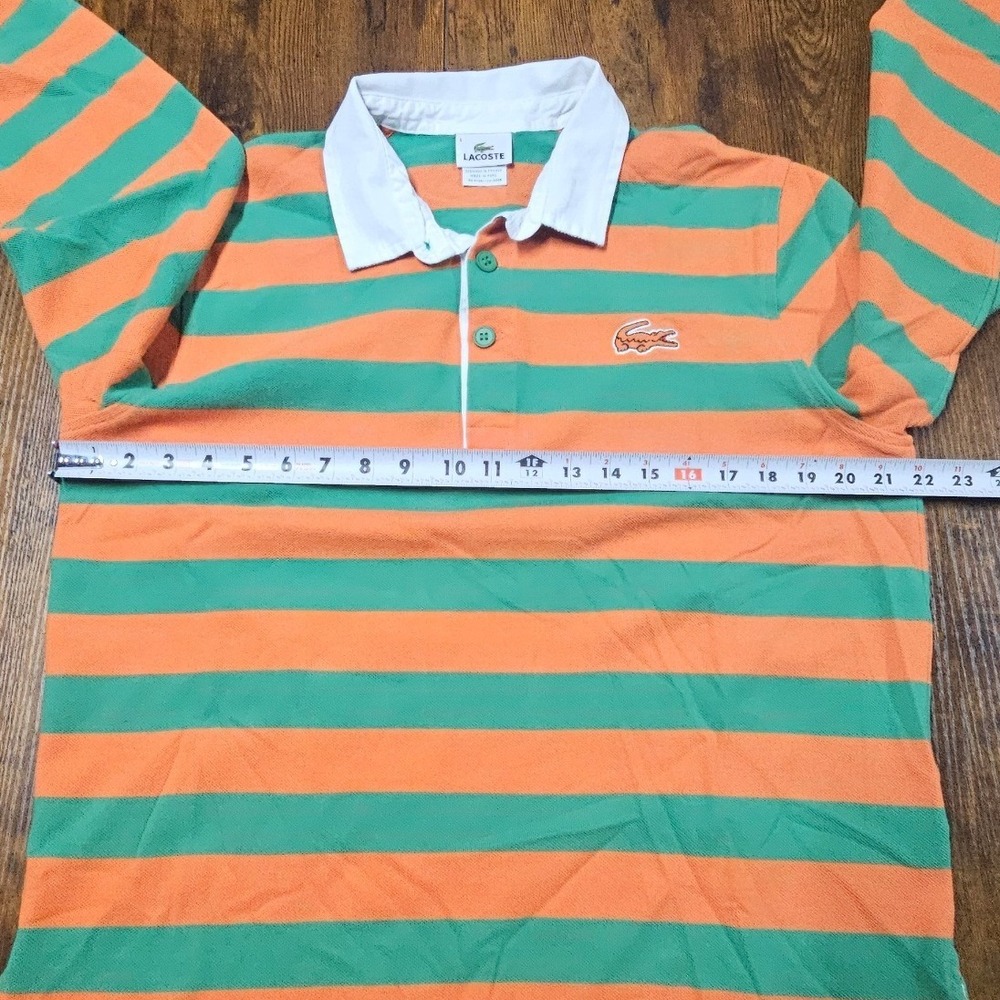 Lacoste Mens Striped Long Sleeve Rugby Polo Shirt Orange Green Size L - Picture 5 of 9